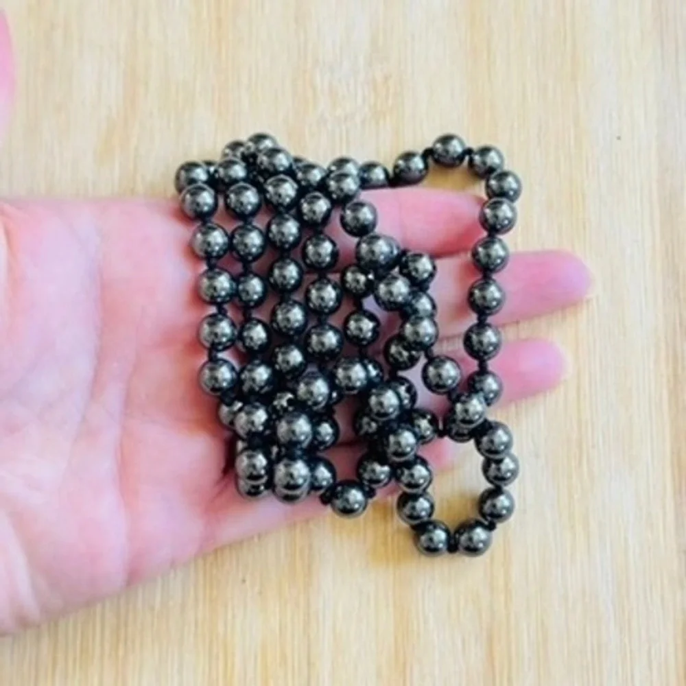 VTG Hematite Power Stone Necklace Metallic Knotted‎ Smooth Round beads 32